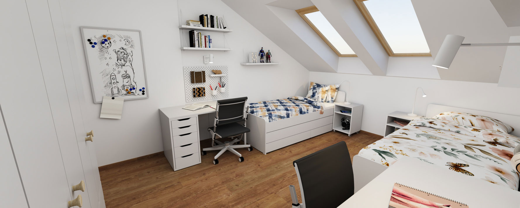 Podkrovní sourozenecký pokoj s postelemi IKEA Släkt, skříněmi Platsa a psacími stoly Alex